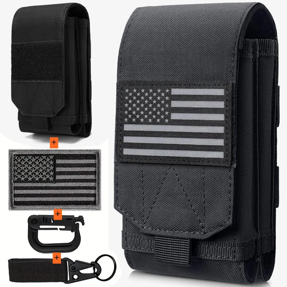 Bolsa para teléfono Molle, funda táctica para teléfono, soporte Universal para teléfono móvil doble, bolsa EDC de utilidad con llavero con parche de bandera de EE. UU., hebilla D