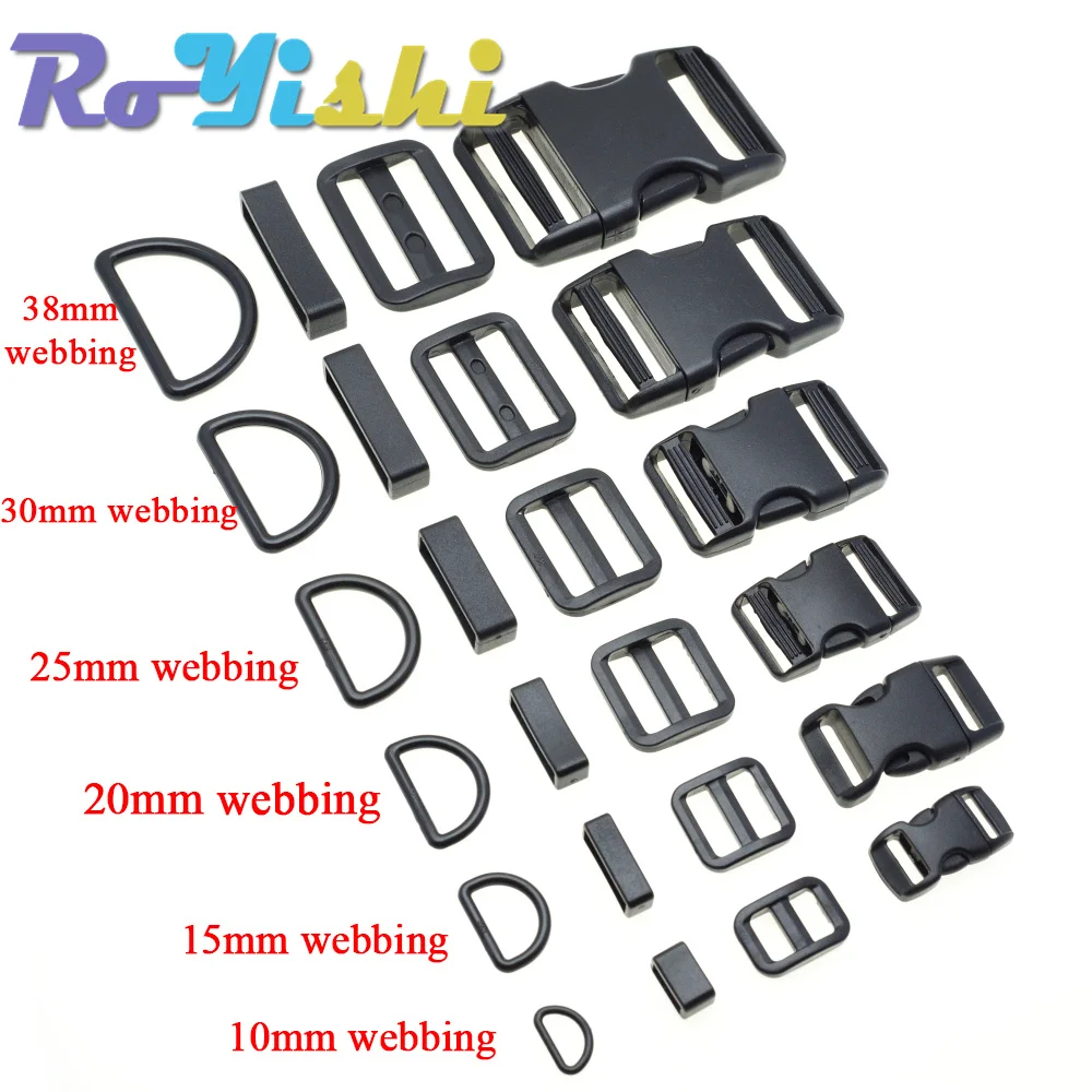 Hebilla de Liberación lateral curvada para Paracord, 1 Juego, 10mm, 15mm, 20mm, 25mm, 30mm, 38mm, deslizador de plástico, anillos ajustables en D, bucle de cinturón