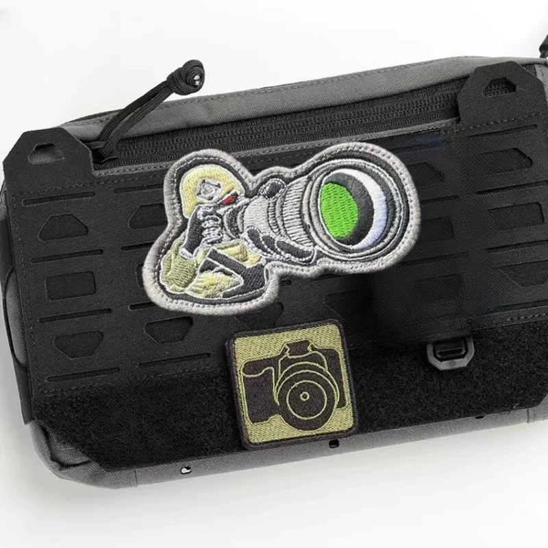 Insignia de moral de fotografía táctica, insignia de cámara bordada, parches de gancho y bucle, pegatina de decoración de mochila táctica