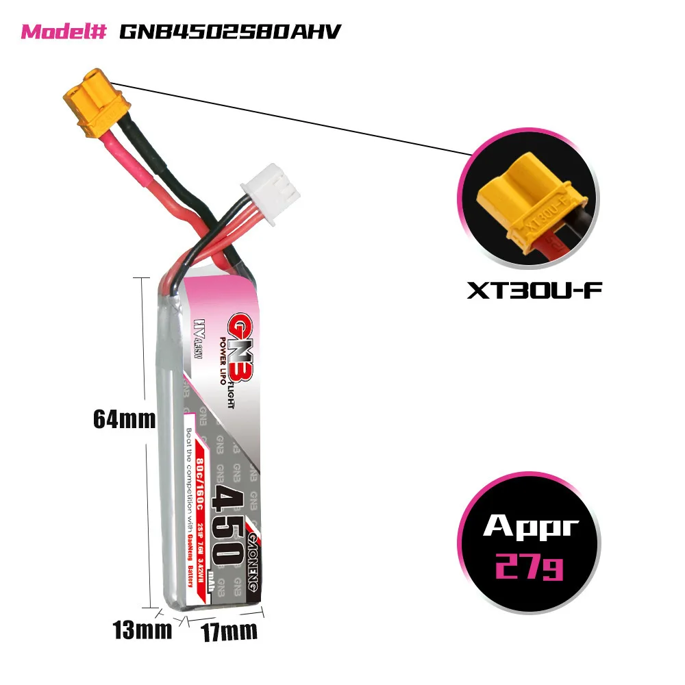 GNB 2S 7,6 V 450mAh 80C/160C HV Lipo batería + cargador con XT30 para Dron de carreras FPV Quadcopter piezas de helicóptero batería de 7,6 V - imagen 3
