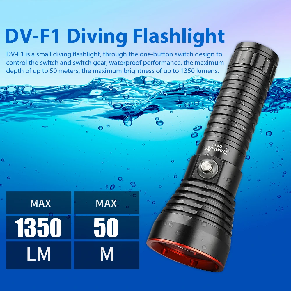 TrustFire-luz de buceo DV-F1, linterna LED de buceo recargable por Usb, 1350 lúmenes, 26650 baterías, profundidad de 50 metros, lámpara impermeable - imagen 2