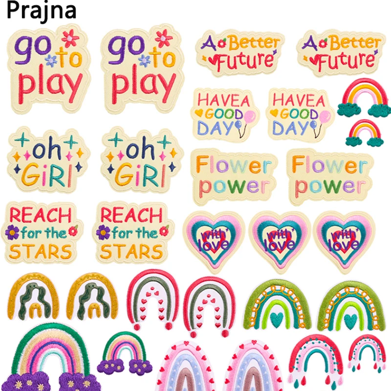 Parches termoadhesivos para planchar en la ropa, bordado de arcoíris, letras y dibujos animados, 5 piezas