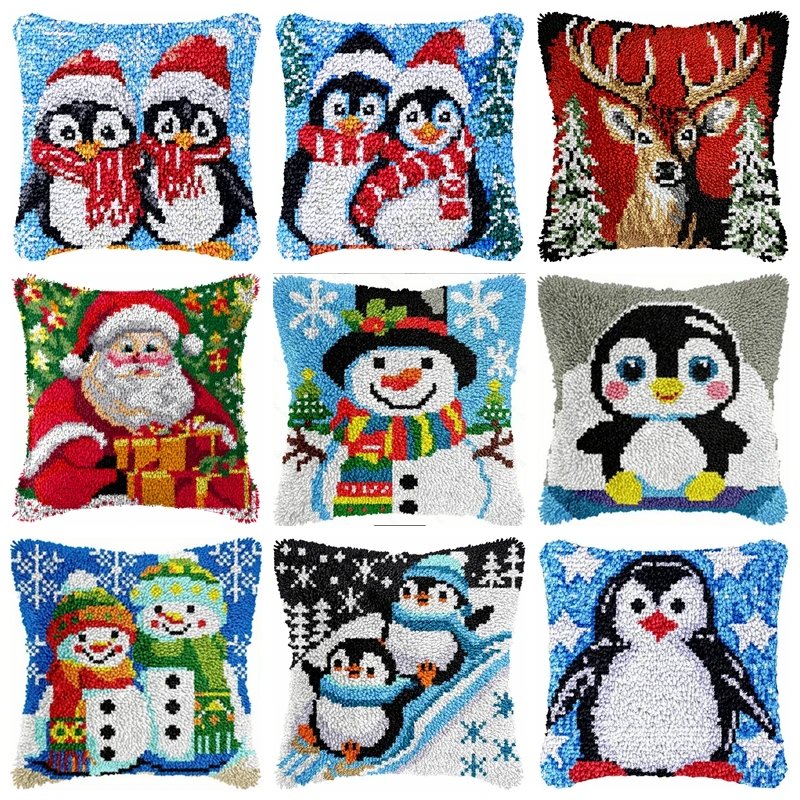 Nuevo pingüino Santa Elk pestillo gancho Kits Smyrna funda de almohada nudo bordado paquete pestillo gancho Kit Set para costura DIY