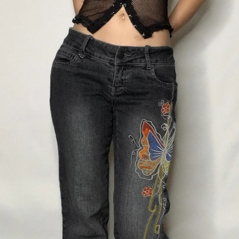 Pantalones vaqueros Vintage con bordado de mariposa para mujer, Pantalón recto de cintura baja, informal, Grunge, Y2K - imagen 5