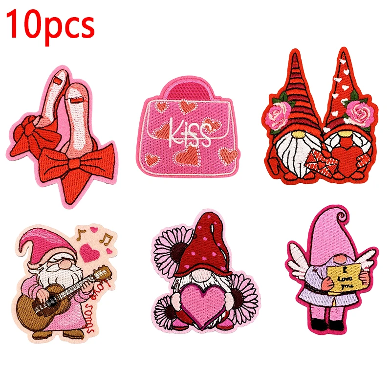 10 unids/set de parches bordados de la serie de dibujos animados rosas, parche para el Día de San Valentín, parches para planchar para ropa, chaquetas, pantalones vaqueros, mochila