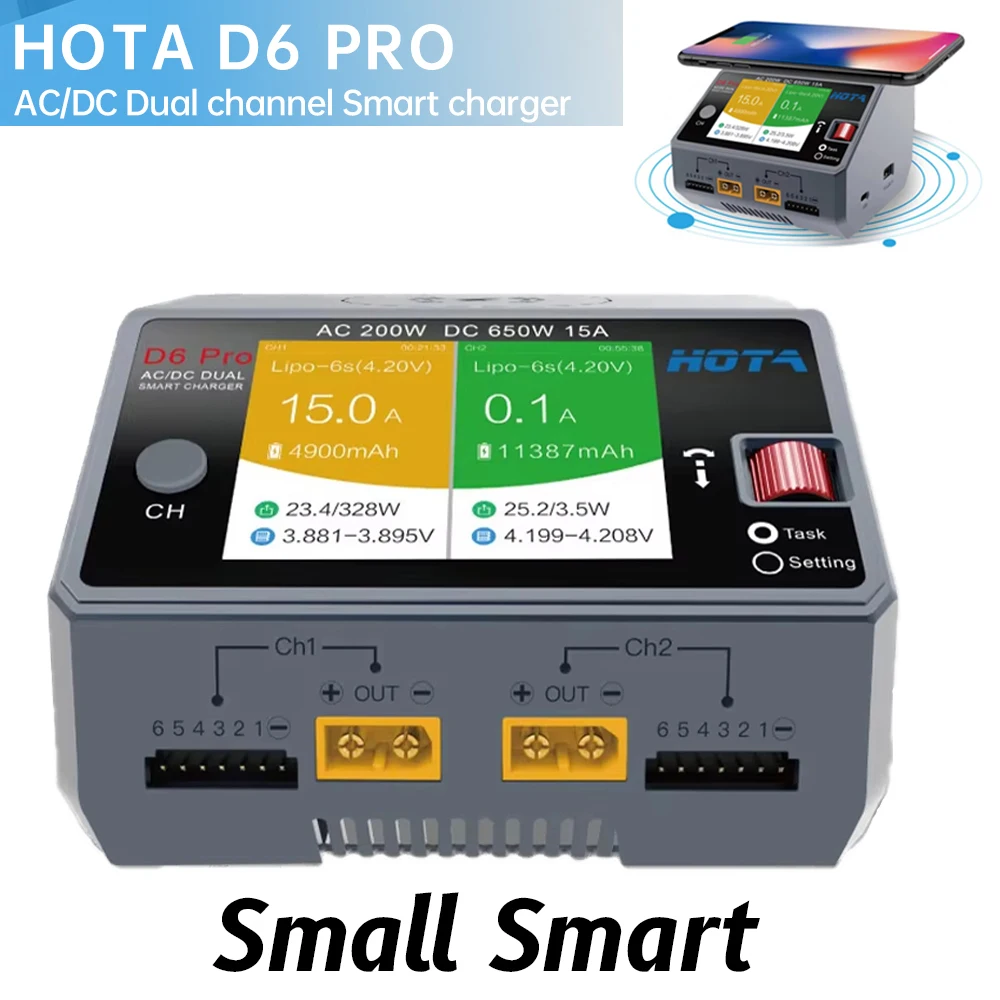 HOTA D6 Pro AC 200W DC 2X325W 2X15A canal cargador de batería inteligente descargador Lipo cargador para piezas de repuesto de drones Rc-gris/negro