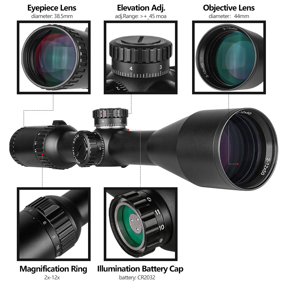 Mira telescópica táctica SPINA Optics HD 2-12x50 WA IR para Rifle de caza, mira óptica para Rifle Real - imagen 5