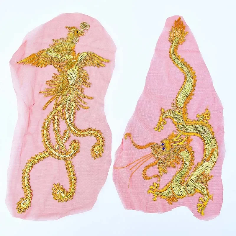 Parche de costura bordado de encaje de hilo dorado de lentejuelas para vestido, Cheongsam, apliques de dragón dorado, Fénix, 23x44CM