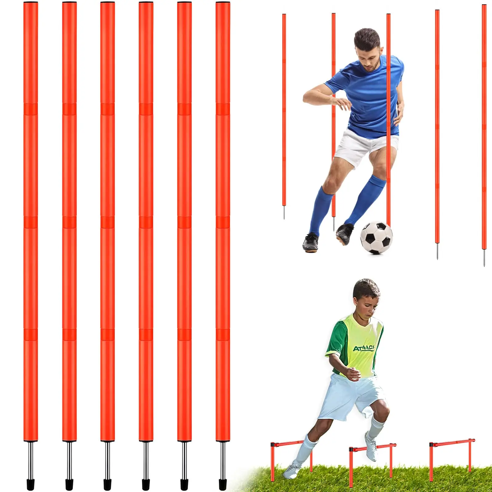 Postes de entrenamiento de agilidad de fútbol ajustables, 6 uds., 6 pies, palos de velocidad de entrenamiento deportivo desmontables, juego de entrenamiento de Slalom para taladros de fútbol