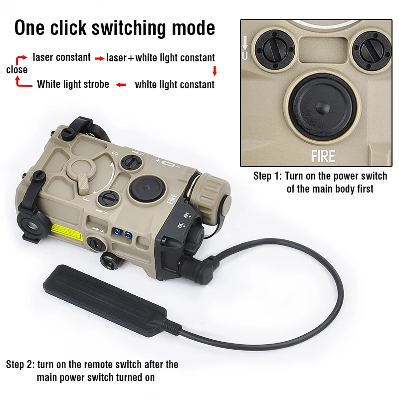 Un dispositivo con un cable negro y una etiqueta blanca que dice el modo de conmutación de un clic