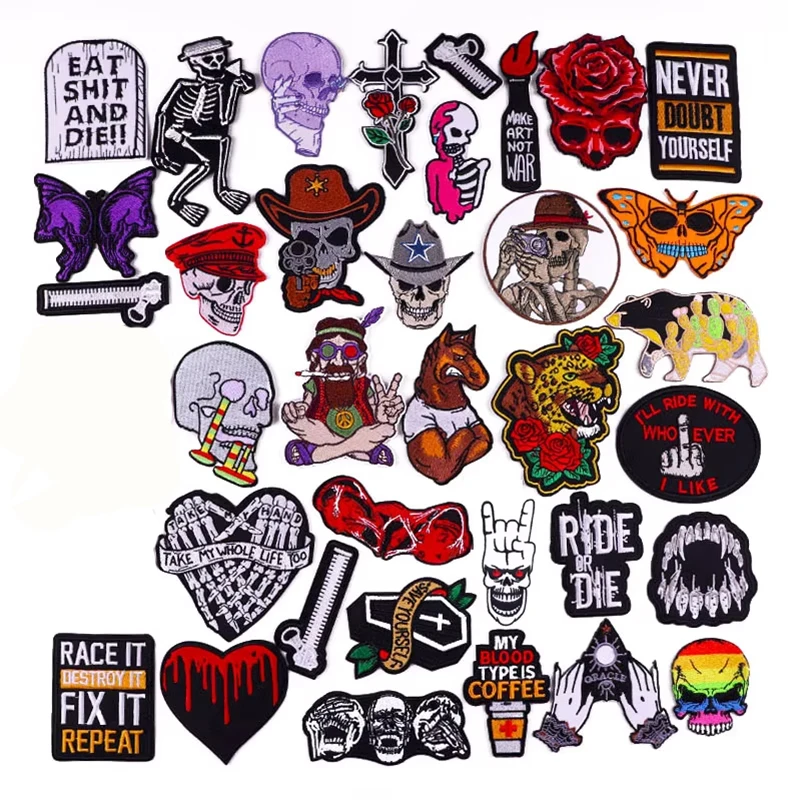 Parches bordados de calavera rosa para ropa, apliques de animales Punk DIY, parches para planchar para ropa, pegatinas de motociclista Hippie Rock - imagen 2