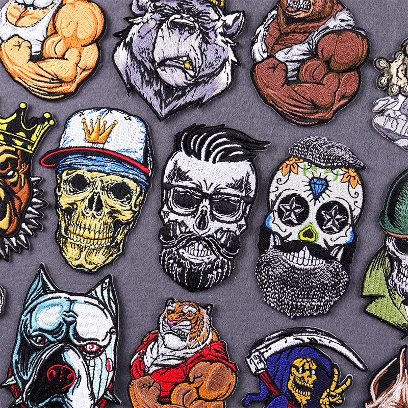 Parche bordado de calavera Punk, parches para planchar para ropa, parches termoadhesivos para ropa, parche muscular de animales para insignia de ropa