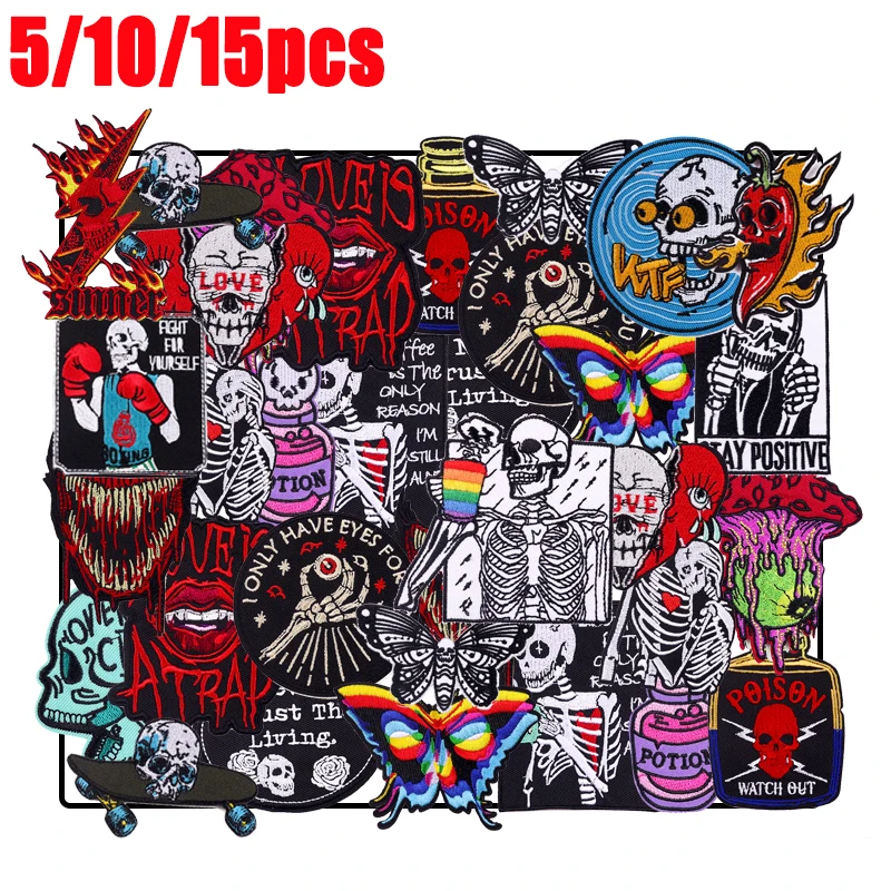 Parche Punk de alta calidad al azar, insignias bordadas para coser, parches para planchar para ropa, pegatinas con parche de calavera de terror, 5/10/15 Uds. - imagen 2