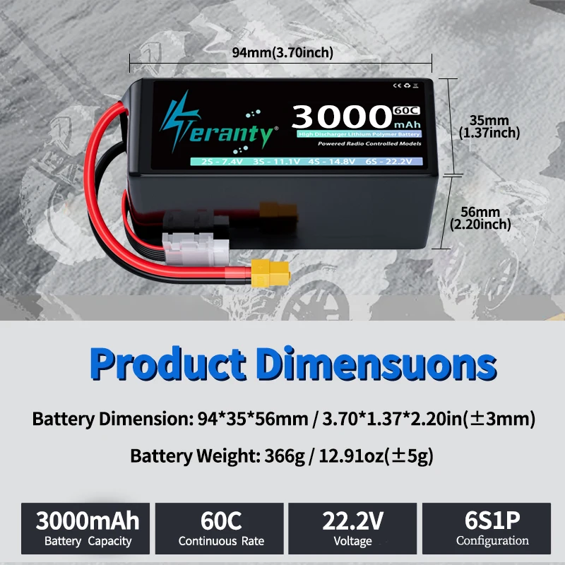 2 Baterías Lipo TERANTY 6S 3000mAh 22.2V 22.8V 60C 80C con Conector XT60 XT90 para Dron FPV, Helicóptero, Avión, Coche RC, Camión, Barco - imagen 4