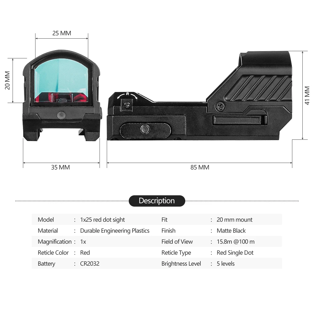SPINA Optics-colimador táctico 1x25, mira de punto rojo, óptica réflex para caza, montaje conectado picatinny de 20mm - imagen 3