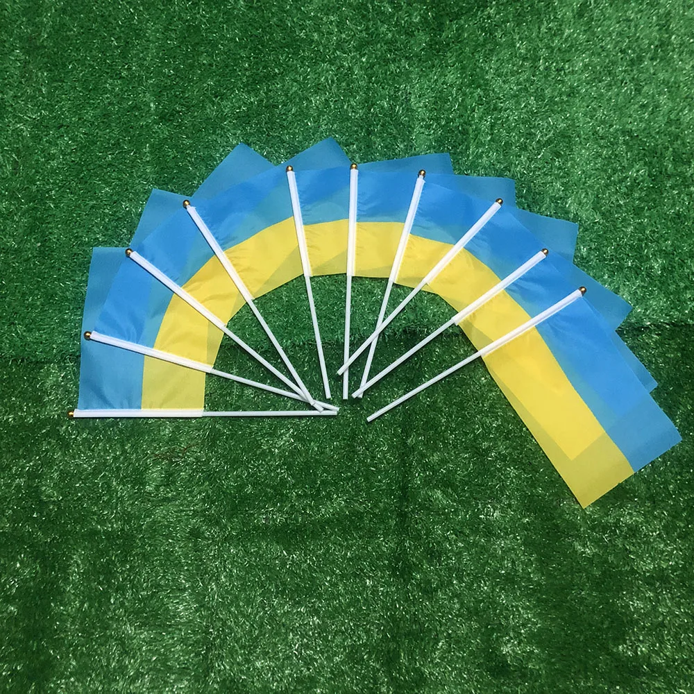 BANDERA DE CIELO Bandera de mano de Ucrania 14x21cm 100 Uds poliéster penetración de doble cara Bandera ondeante de mano de Ucrania con poste de plástico para decoración