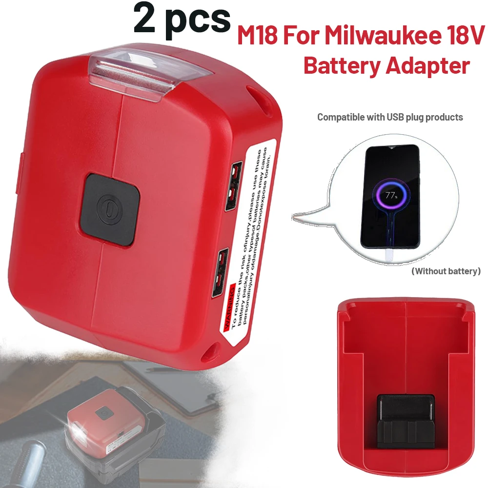 Cargador adaptador con luz LED de 3W, lámpara de trabajo, linterna para batería de iones de litio Milwaukee de 18V, puertos USB duales, salida CC de 12V, 2 uds.
