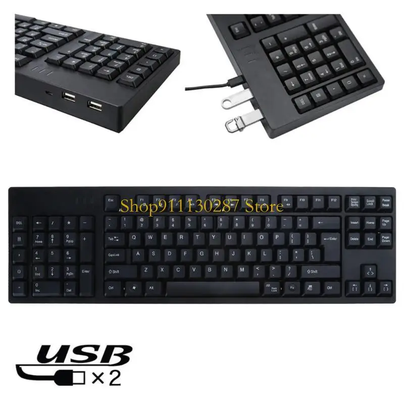 J1HC Teclado QWERTY cable para zurdos con teclado numérico integrado Puertos USB Silencioso
