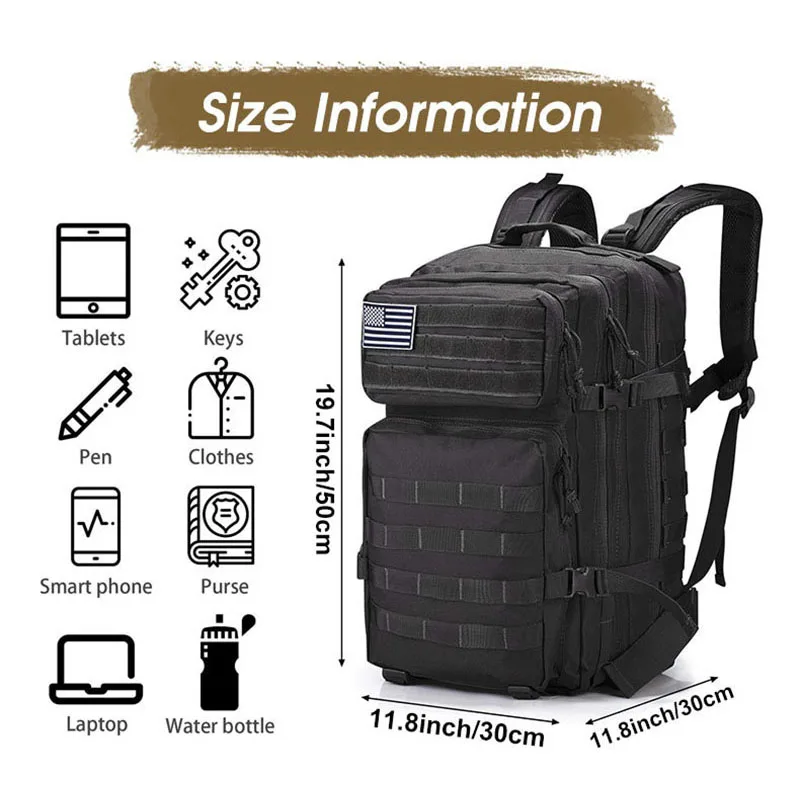 Mochila táctica con parche de bandera para hombre y mujer, bolsa militar de nailon para viaje, senderismo y pesca, 30l y 50L - imagen 5