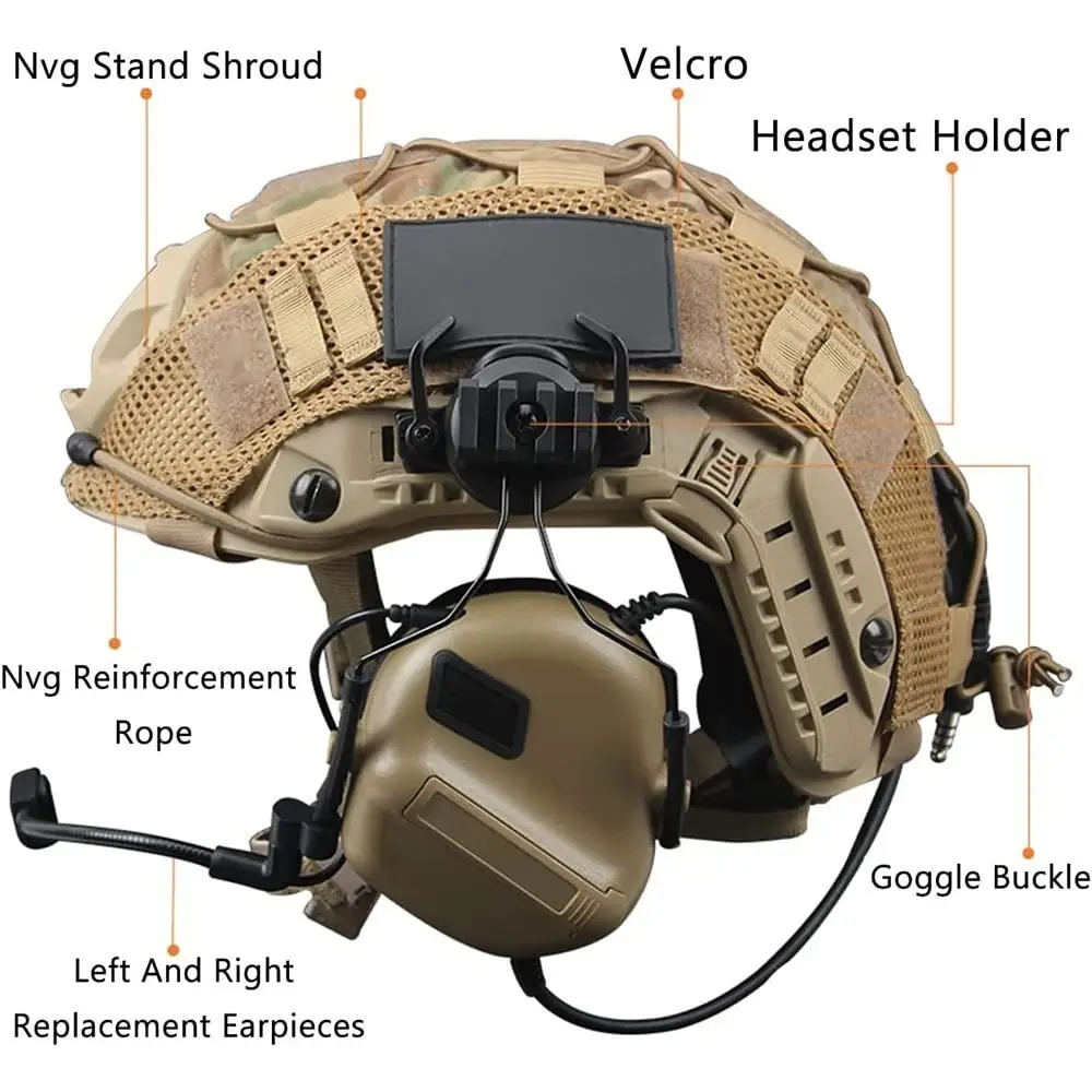 Conjunto de casco táctico con visera de máscara Airsoft, auriculares tácticos y tela para casco, casco ligero y seguro rápido para Paintball al aire libre - imagen 2