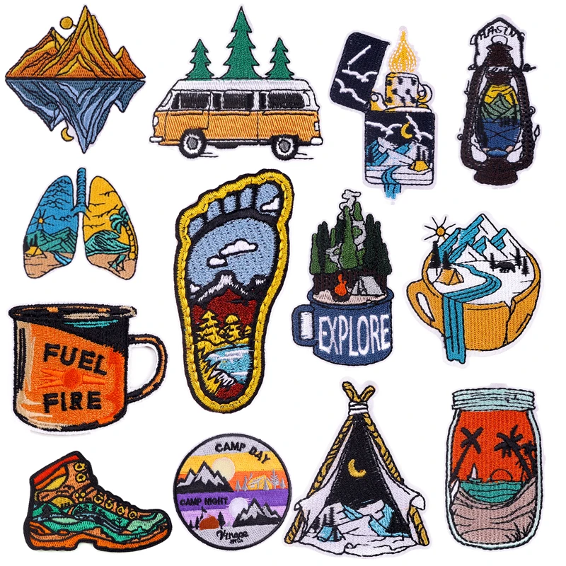 Parches bordados para planchar en la ropa, ropa termoadhesiva, paisaje natural, exploración al aire libre, senderismo, montañismo, Camping