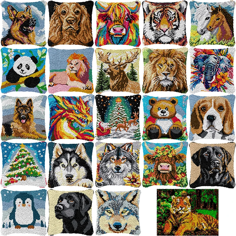 Alfombra de almohada de Reno de Navidad, funda de almohada bordada, Kits de enganche de pestillo de animales, alfombra de musgo, Kits de punto de cruz de vacaciones de alegría de lobo