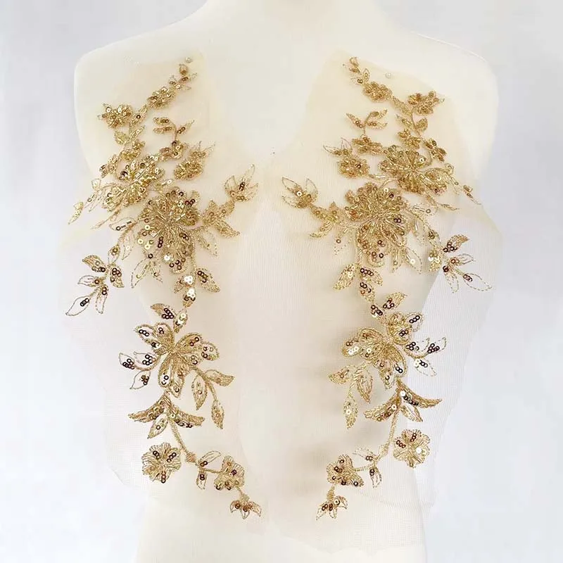 1 par/33*13,5 CM flor dorada brillo Apliques de encaje tubo bordado de lentejuelas con cuentas, apliques de corpiño parche de costura para decoración de vestido - imagen 2