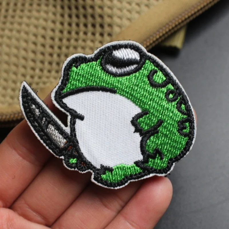Insignia de moral de rana y cuchillo pequeño, parches de gancho y bucle bordados de animales de dibujos animados, pegatina para mochila táctica - imagen 3