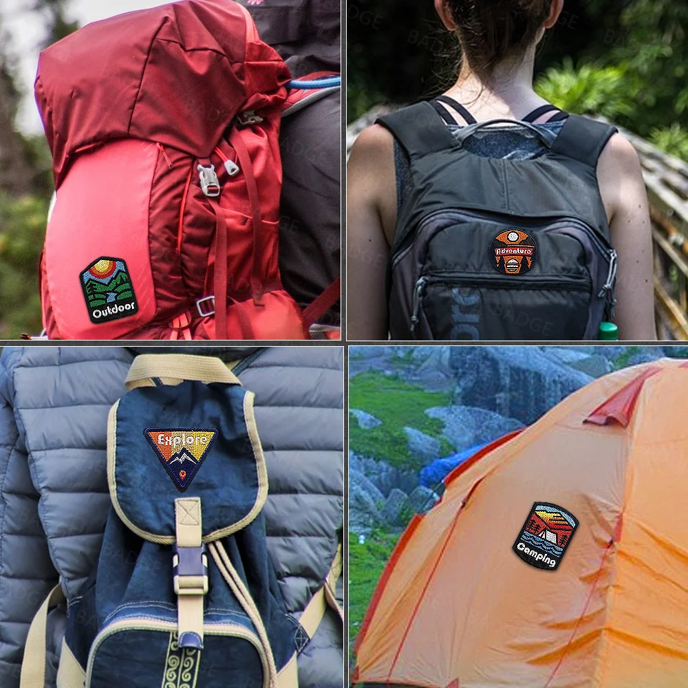 Parche de explorar la naturaleza, aventura al aire libre, Camping, viaje, insignia bordada, árboles de montaña, puesta de sol, apliques para mochila, ropa - imagen 3