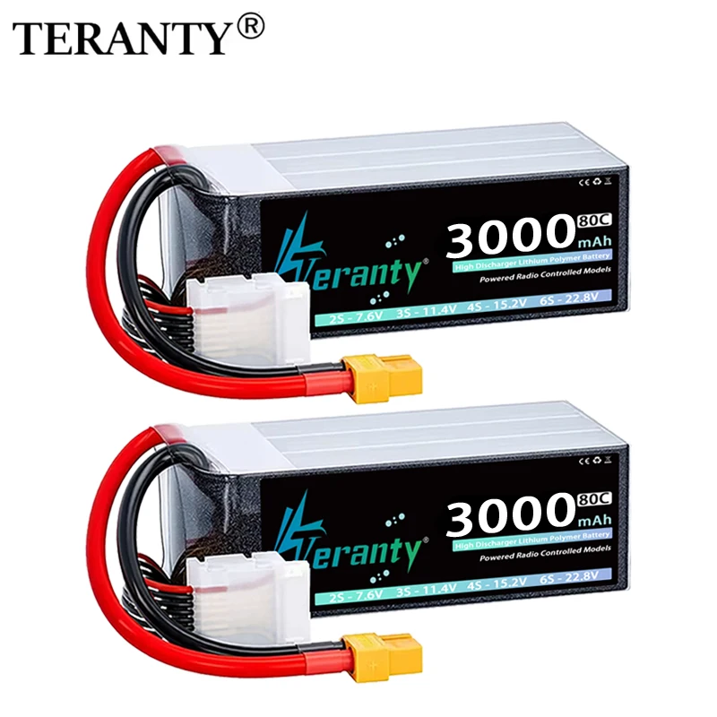 2 Baterías Lipo TERANTY 6S 3000mAh 22.2V 22.8V 60C 80C con Conector XT60 XT90 para Dron FPV, Helicóptero, Avión, Coche RC, Camión, Barco