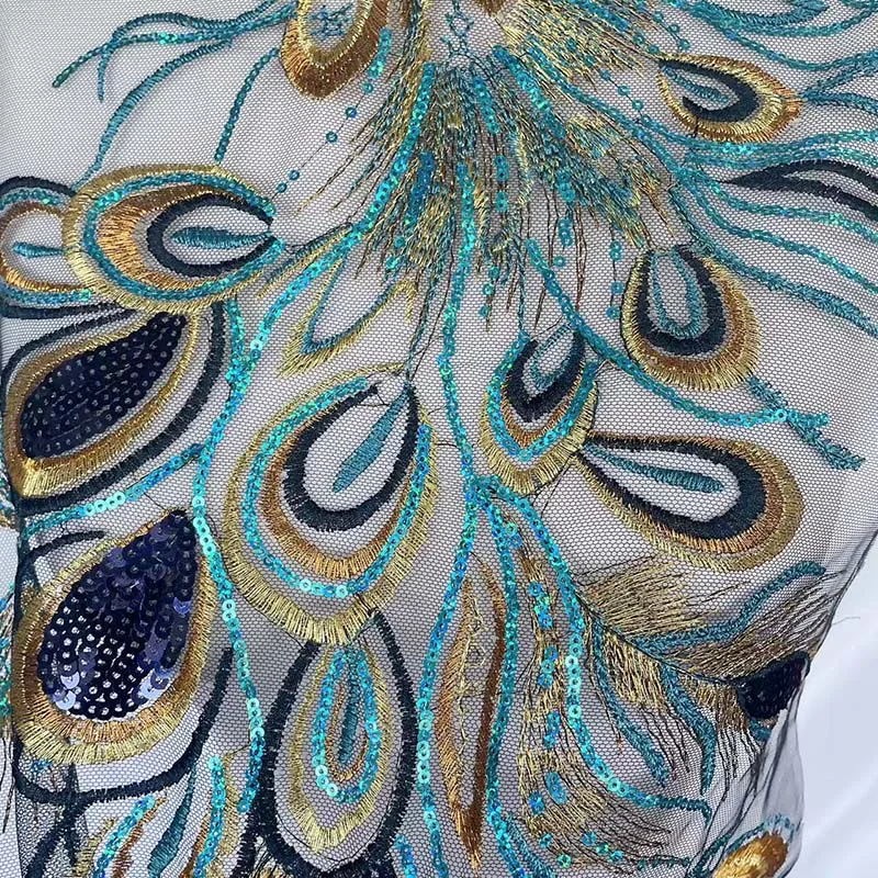 51*40CM/decorios de moda pegatinas de tela de flores 3d de lentejuelas azules, parches de costura bordados de cola de Fénix DIY para vestido de fiesta - imagen 5