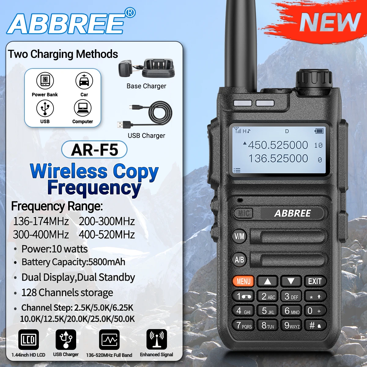 ABBREE AR-F5 copia inalámbrica frecuencia NOAA Walkie Talkie banda completa cargador USB de largo alcance alta potencia de mano para viajes