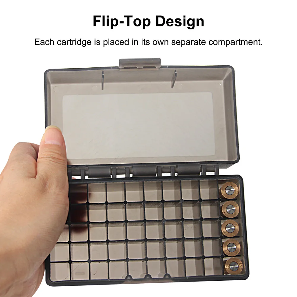 Caja de almacenamiento de munición para Rifle, tapa abatible de 50 balas, caja de cartucho de caza para 5,56x45/.17/.222/.223/204, caja de seguridad para munición de pistola de calibre, nuevo - imagen 5