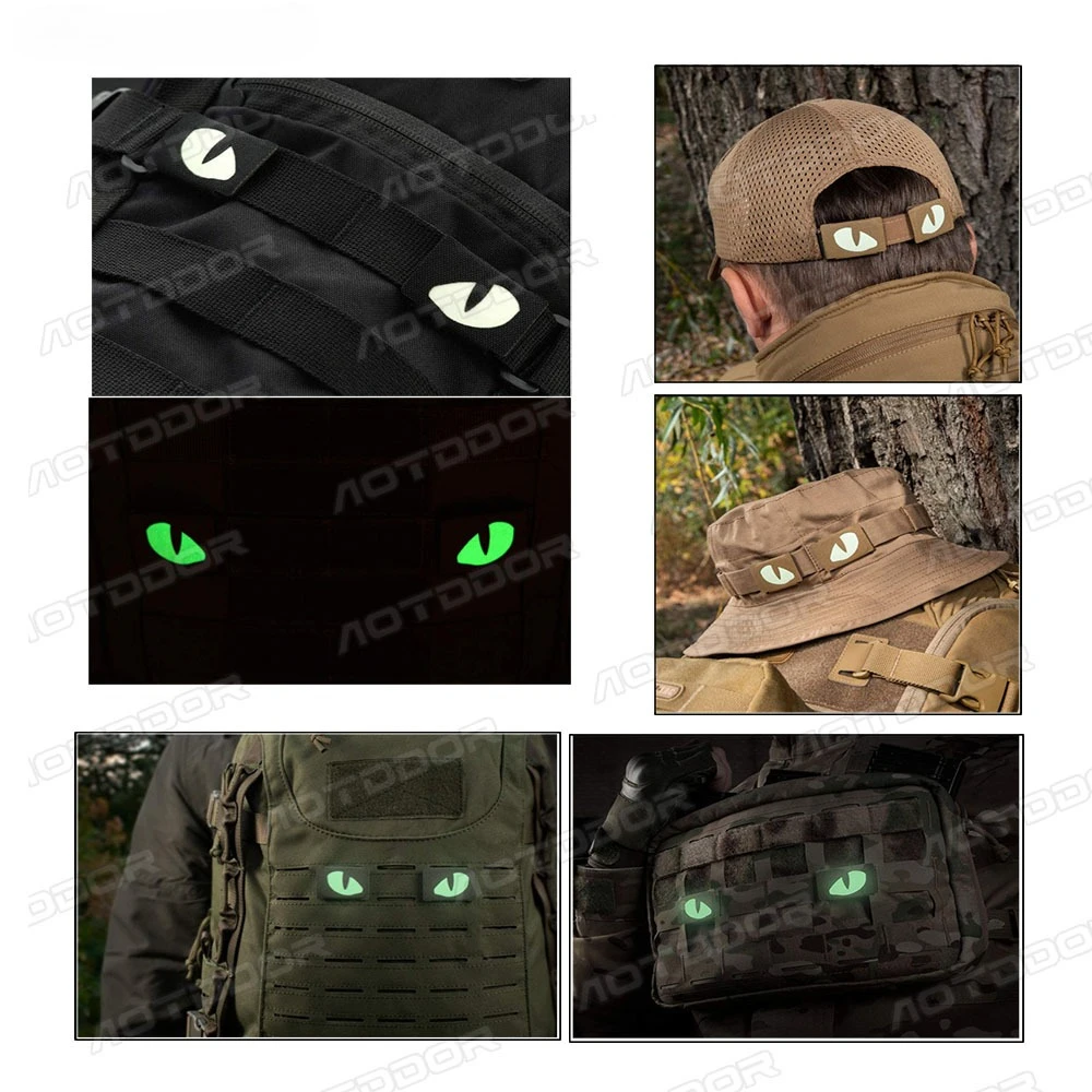 Parche táctico con gancho y bucle de ojos de gato, parche con apliques de combate que brillan en la oscuridad para sombreros, casco, mochila, Parche Militar - imagen 2