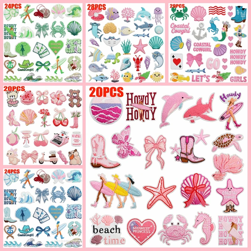16-30 Uds. Conjunto mixto de dibujos animados parche bordado surf chica/animales marinos parche hierro en parches DIY insignias de flores con letras de arco iris