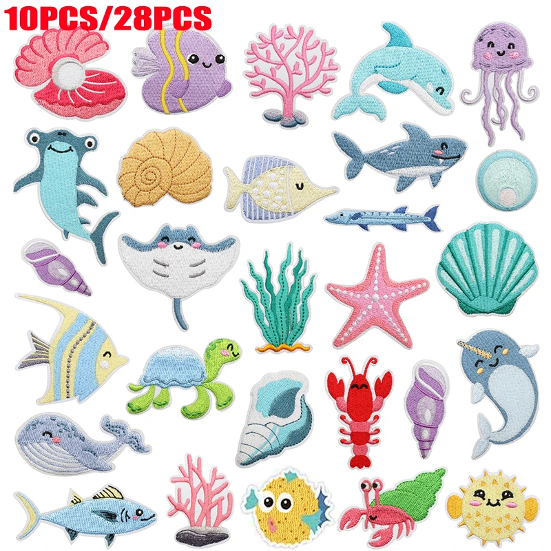 10 Uds. Parches bordados de criatura marina, parches para planchar para ropa DIY, parche de tiburón y delfín, parche de medusa, Concha y pulpo - imagen 2