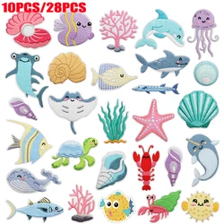 10 Uds. Parches bordados de criatura marina, parches para planchar para ropa DIY, parche de tiburón y delfín, parche de medusa, Concha y pulpo