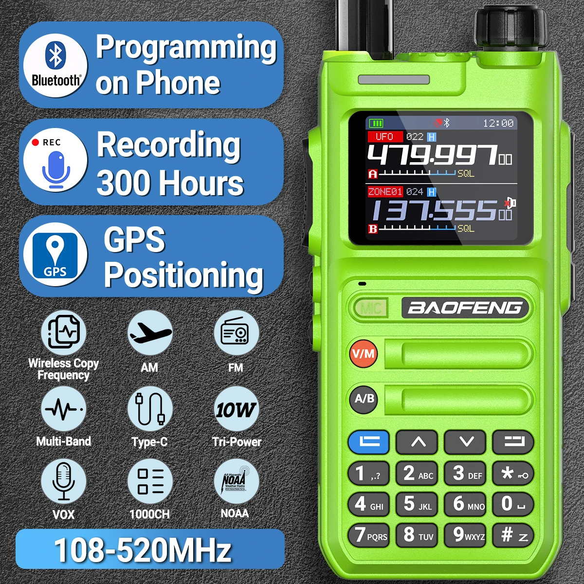 Baofeng AR26 GPS Walkie Talkie 10W banda de aire aplicación de teléfono programación inalámbrica grabación Tri Power tipo C Radio bidireccional de largo alcance