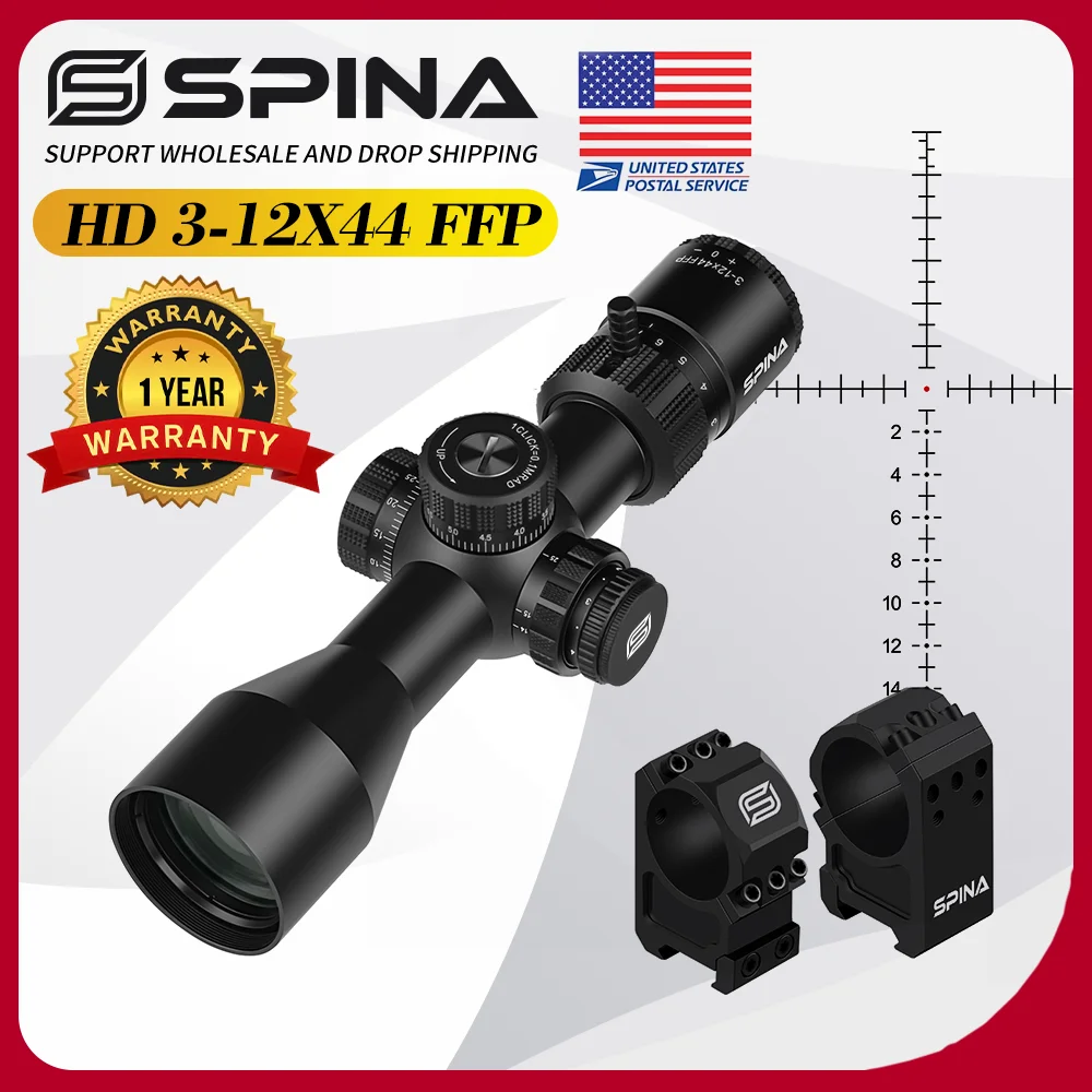 Mira de Rifle compacta SPINA OPTICS HD 3-12x44 FFP, mira táctica de caza, torretas de bloqueo, reinicio, paralaje lateral, mira de tiro rápido