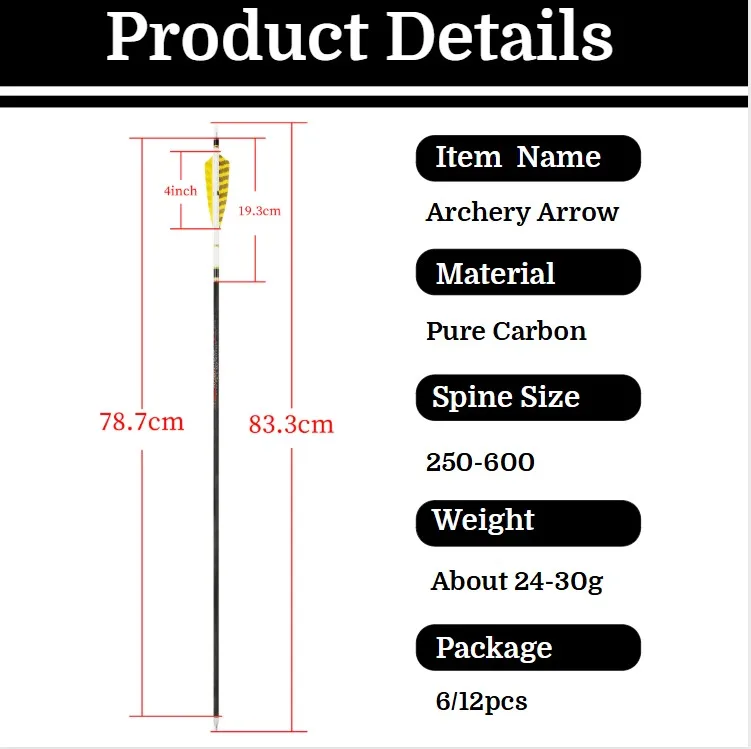 6/12 Uds tiro con arco flecha de carbono puro SP250-600 ID6.2mm flecha para tiro con arco al aire libre caza tiro accesorios de entrenamiento - imagen 5