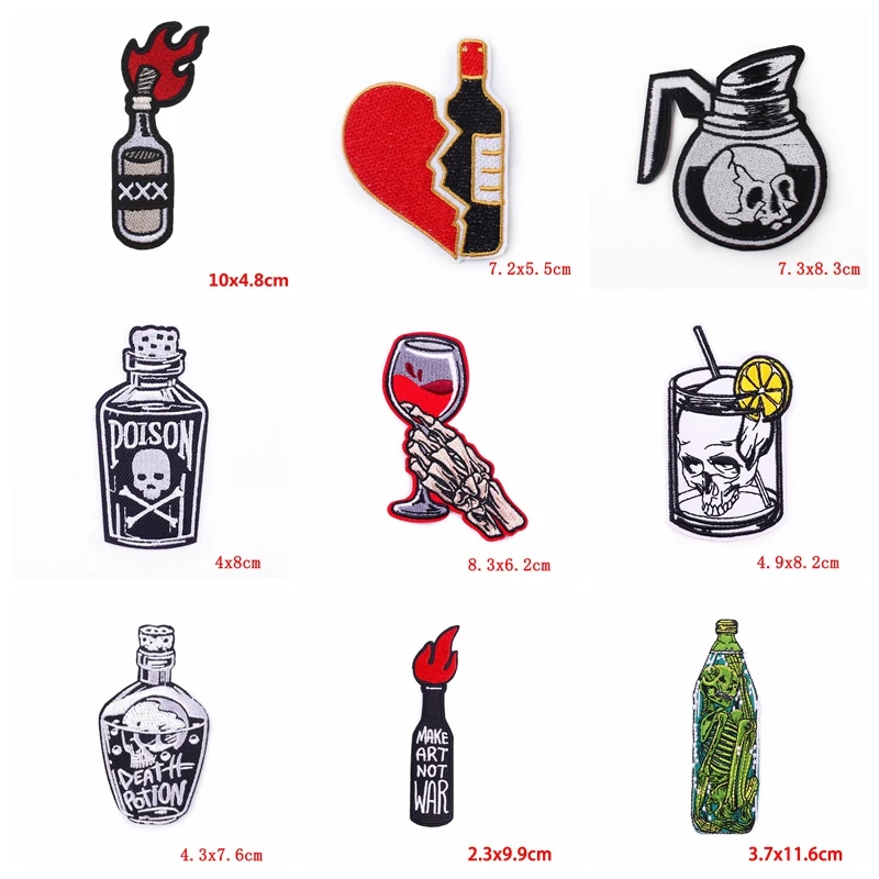 10 unids/lote botella de copa de vino tinto parche bordado hierro en parches para ropa personalizado Punk botella de dibujos animados parche chaquetas DIY - imagen 2