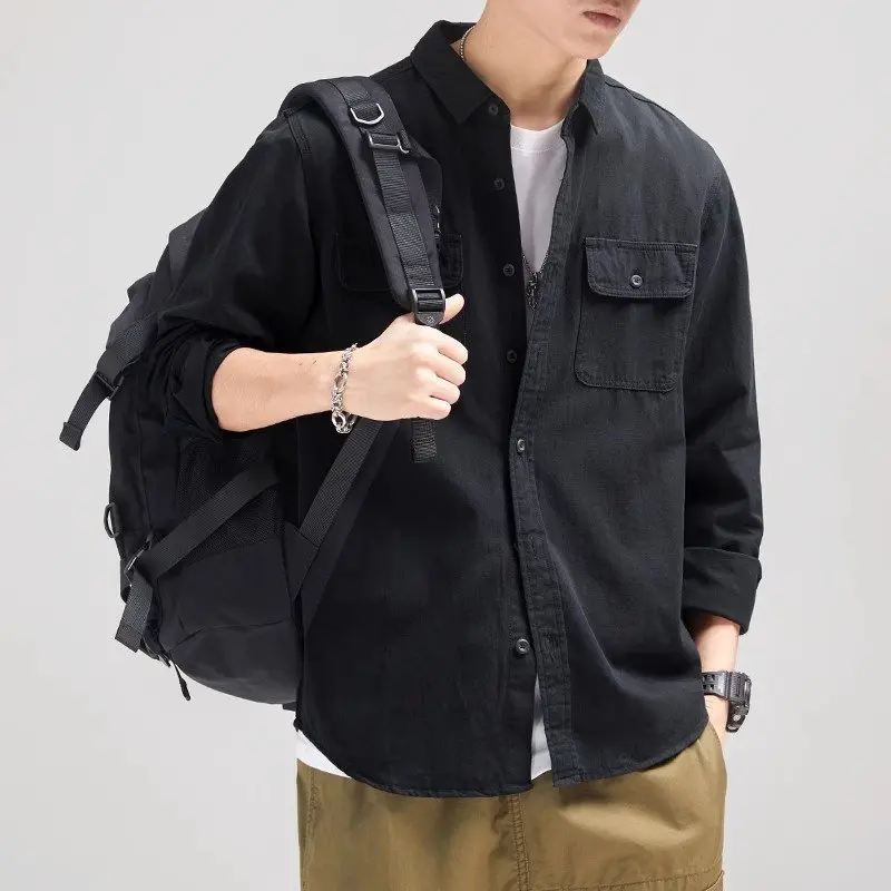 Camisas de calle para hombre, chaqueta ligera informal, camisa de manga larga con dos bolsillos, chaqueta Retro Harajuku para primavera y otoño, 2 uds. - imagen 2