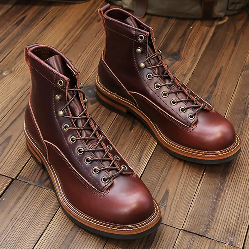 KOWM-zapatos de senderismo para hombre, botas para caminar de piel de vaca británica, botas altas para motocicleta, zapatillas informales hasta el tobillo, zapatos de trekking con suela gruesa - imagen 4