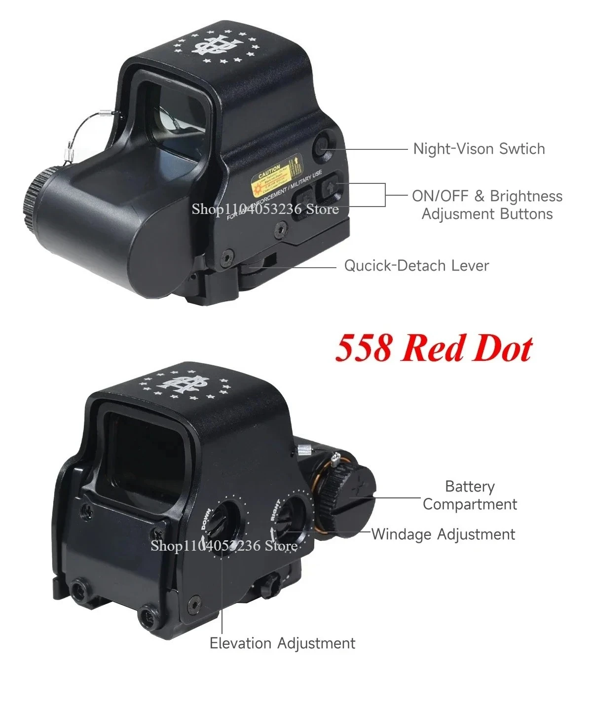 E * T * CH 558 DC * mira holográfica de punto rojo verde con lupa G33/G43/G45 3X 5X para caza Airsoft compatible con soportes de riel de 20mm y palanca QD - imagen 3