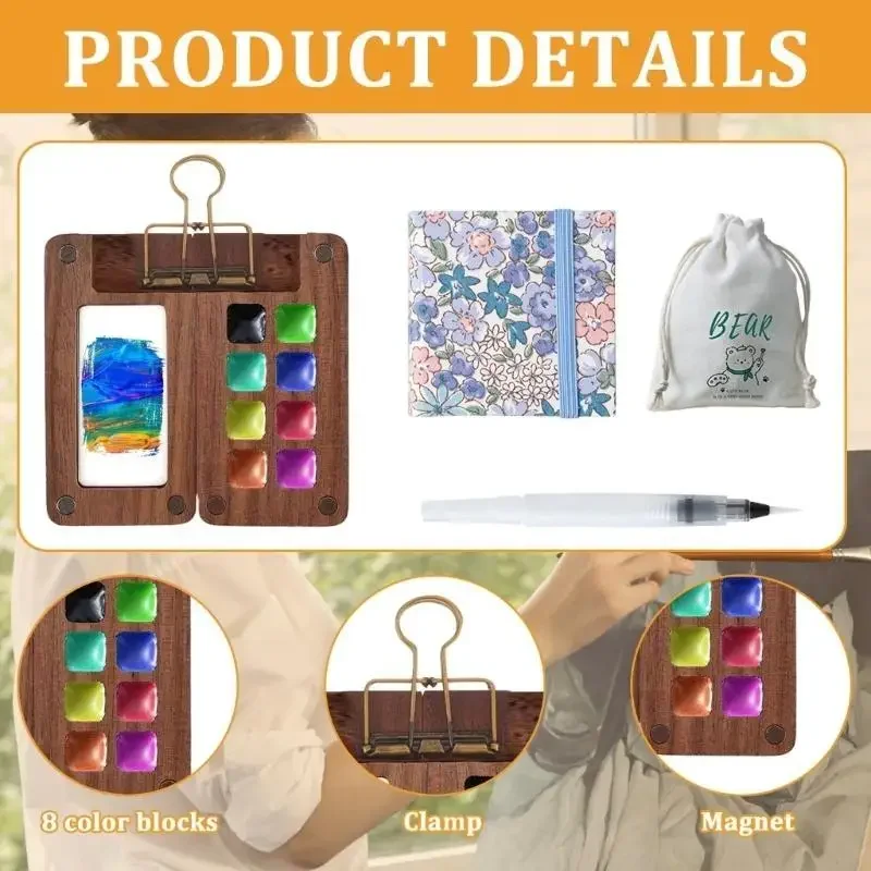 Juego paleta acuarela portátil, paleta cuaderno bocetos 8/15 colores, caja pintura, juego acuarela viaje - imagen 5