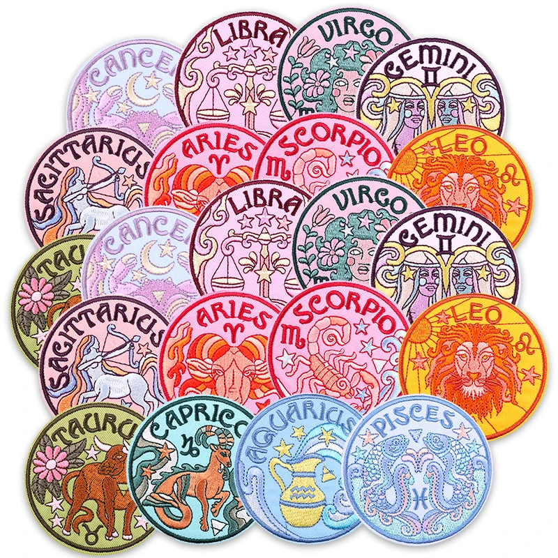 10 unids/lote parche bordado de signo del zodiaco hierro en su signo constelación insignia bordada para chaqueta vaquera mochila personalizada - imagen 2