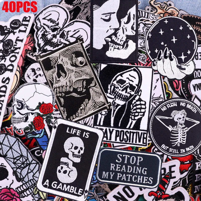10/20/30/40/50 Uds. Parche para coser bordado de calavera Punk mezclado al azar parches para planchar para chaquetas DIY parches de calavera de estilo blanco y negro - imagen 4