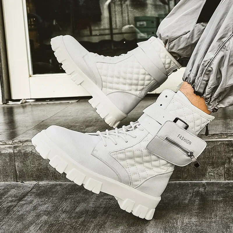 Botas de cuero con plataforma para hombre, botines informales de alta calidad con bolsillo para exteriores, a la moda, de diseñador, color blanco, para Otoño e Invierno - imagen 3