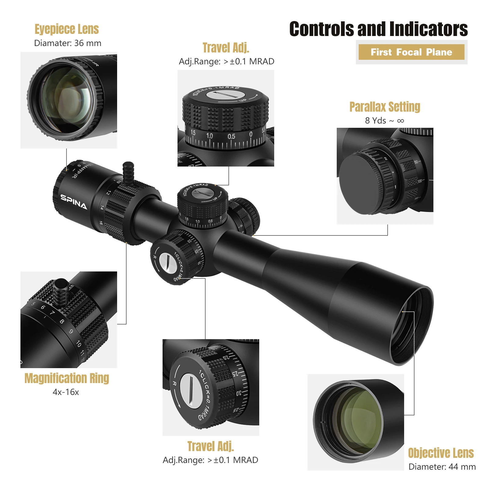 Spina Optics HD FFP Mira de Rifle Táctica 1/10 MRAD - imagen 5