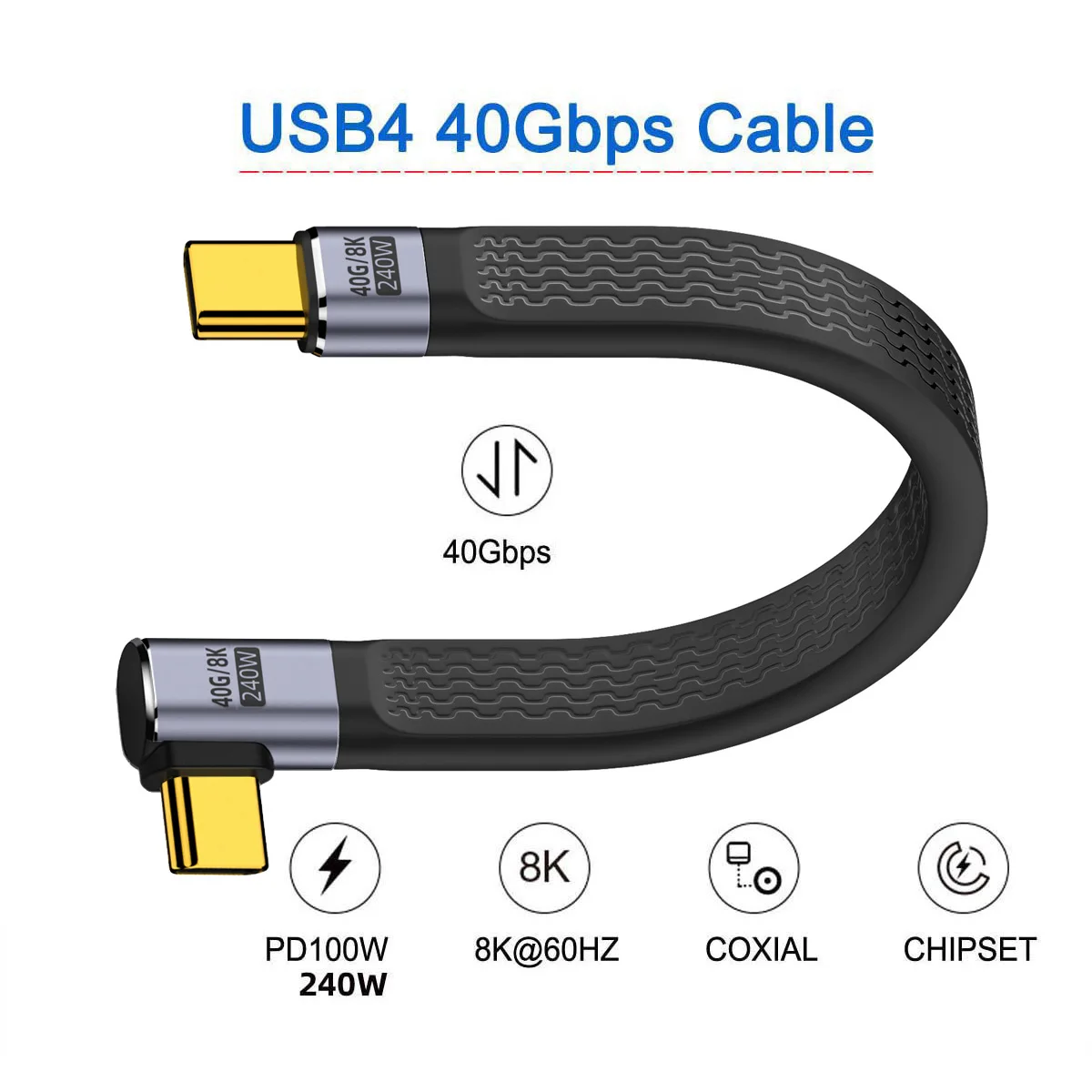 CY-Cable de datos USB 4 USB-C tipo C macho a macho, Cable de datos FPC plano en ángulo, compatible con 8K, 240W, 40gbps, para ordenador portátil y teléfono, 13cm - imagen 4